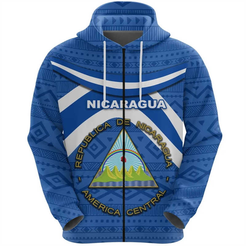 Street Fashion Zip Up Hoodie - Vintage NI Nikaragua Flaga Street Print